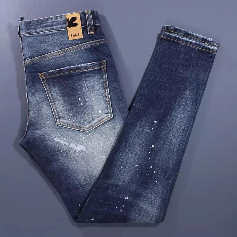 Men Dark‑Blue Whisker Streaky Wash Single Frayed Ripped White Paint Dot Distressed Stretch Skinny Denim Jeans Hip‑Hop Streetwear