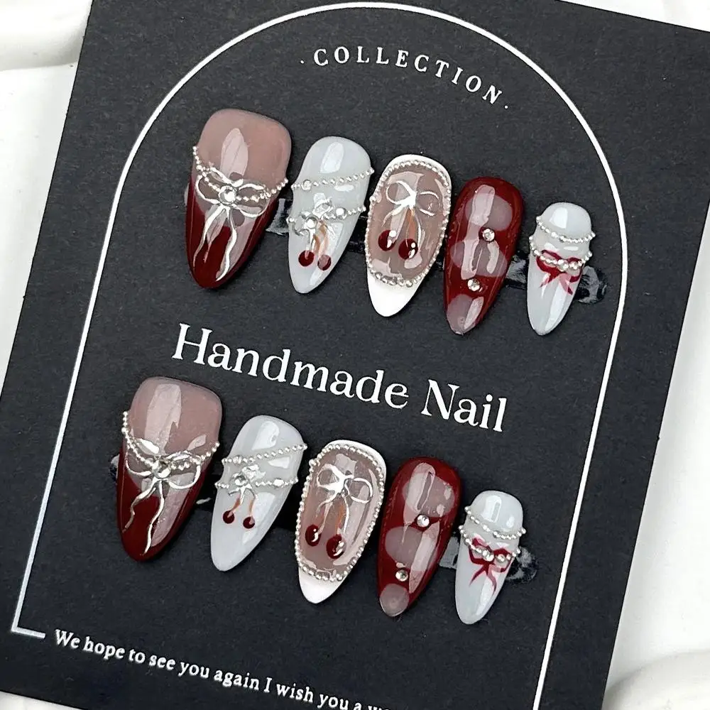 

10pcs Handmade Press on Nails Wine Red White French Tips Almond Cherry Bowknot Beads Designs Full Cover Nails Extension Decor