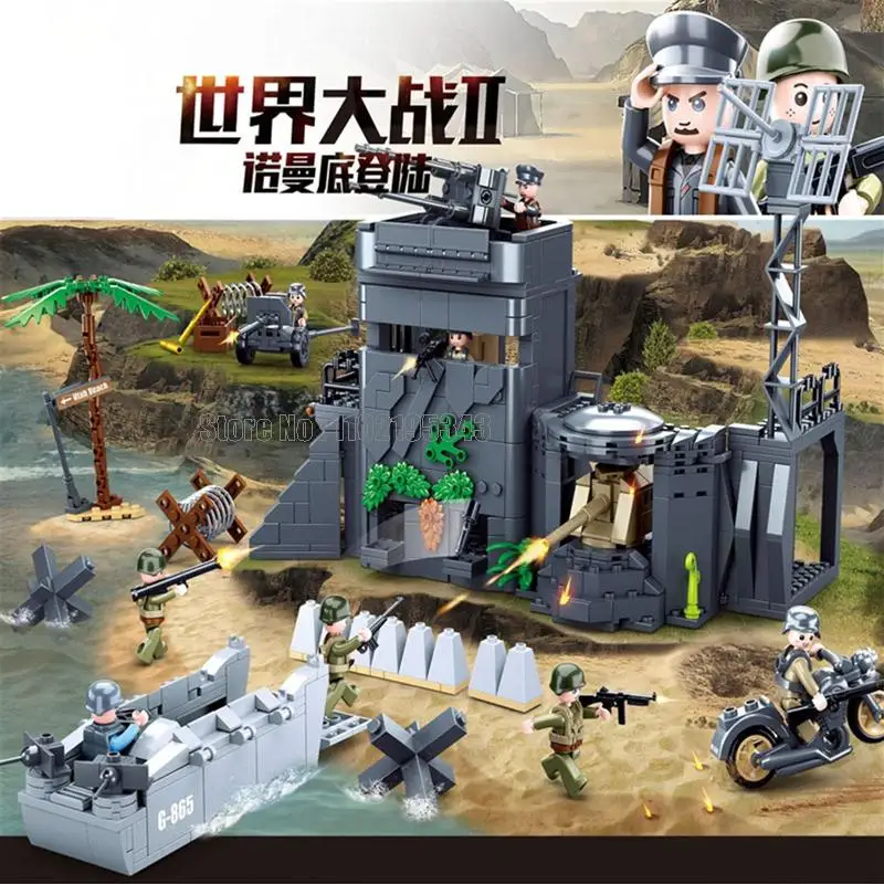 0861 765pcs Military Ww2 World War Ii Normandy Atlantic Fort Fortress Tower Landing Craft Army Weapon Boy Building Blocks Toy