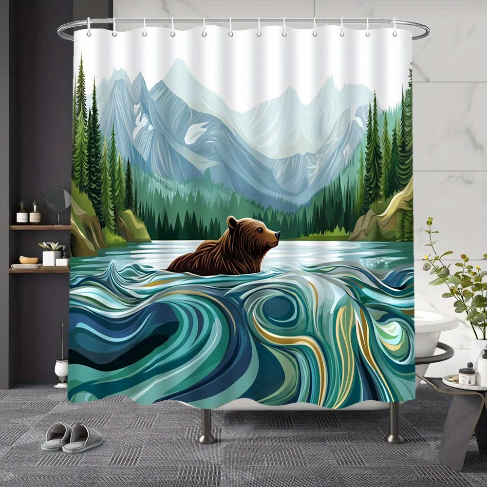

Bear Swimming Lake Shower Curtain - Digital Drawing of Brown Bear, Turquoise Water, Snow-Capped Mountains, Evergreen Forests