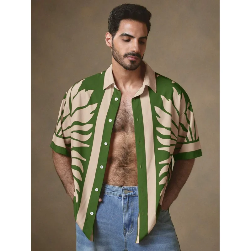 

Summer casual Hawaiian shirt, men's relaxed and loose printed floral drape shoulderless woven shirt