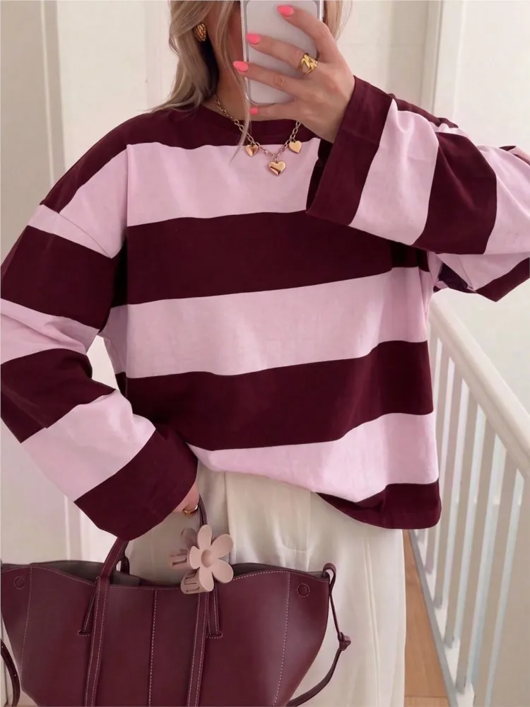 MsChuh Autumn Women's Clothing Contrast Striped Pullover All-match Loose Simple Style Comfortable Casual Fashion Temperament