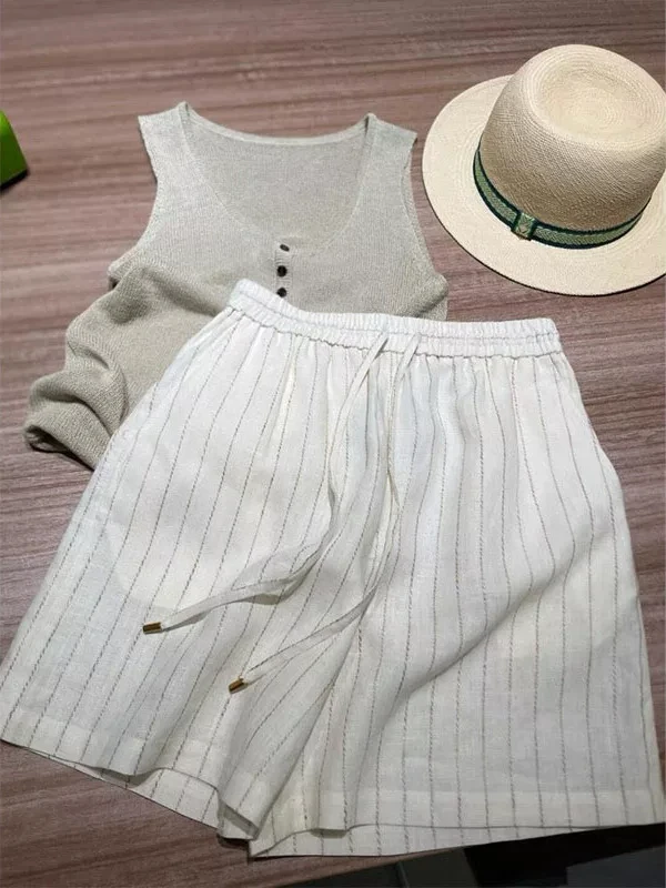 

plus Size 300 Pounds Simple Striped Casual Shorts Women Summer Outdoor Wear Loose Wide Leg Hot Pants High Waist Polyester Fiber