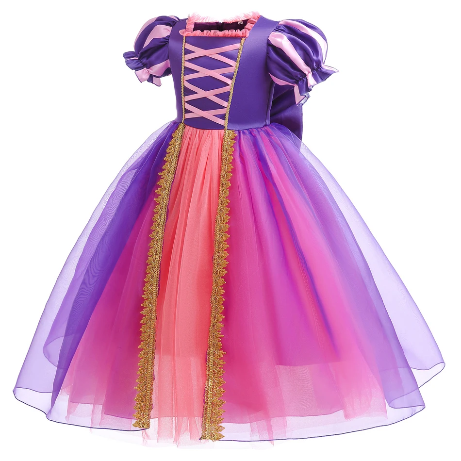 Disney Princess Rapunzel Cosplay Costume Children Lace Tulle Frocks Kids Stage Performance Outfits Girls Purple Elegant Gown