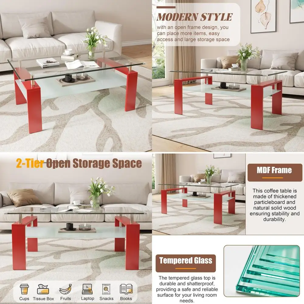 

Modern Rectangular Tempered Glass Coffee Table with MDF Frame, Red Accents for Living Rooms and Apartments