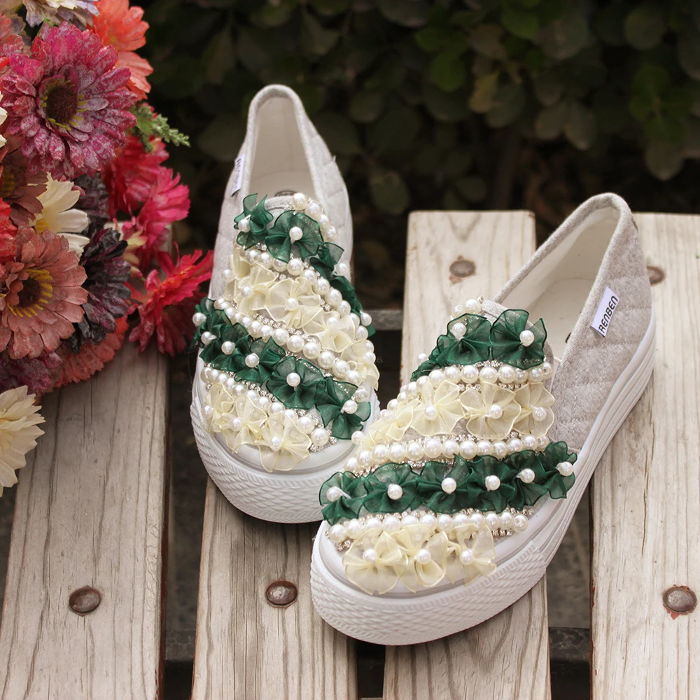 Women Sneakers Summer Casual Shoes White Slip-on Lace Flowers Pearl Diamond Ribbon Thick-soled Flat Student