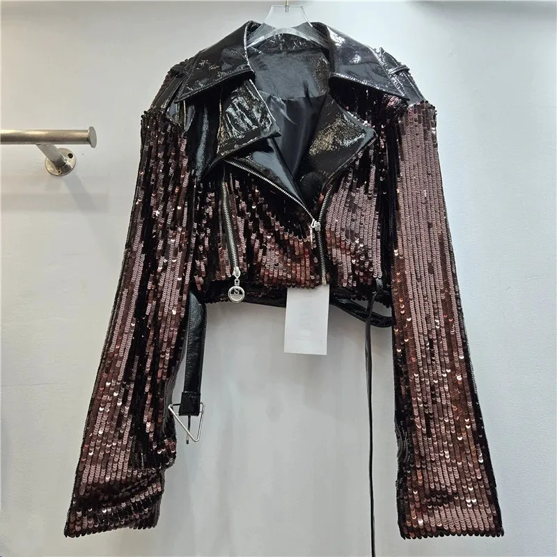 Heavy Work Sequins Short Jacket With Belt Women Slim Autumn Fashion Faux PU Leather Notched Collar Patchwork Female Cropped Coat