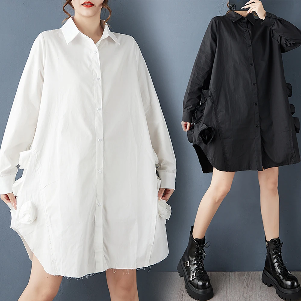 NYFS Loose plus Size Vintage Three-dimensional flowers Autumn Shirt Dress 2025 Long Sleeve Women's Robe