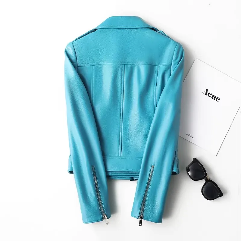 Importierte Luxus-Schaffelljacke für Damen, 2025, Herbstmode, Reißverschluss, Revers, weiblich, langärmelig, blau, echtes Leder, Bikerjacke