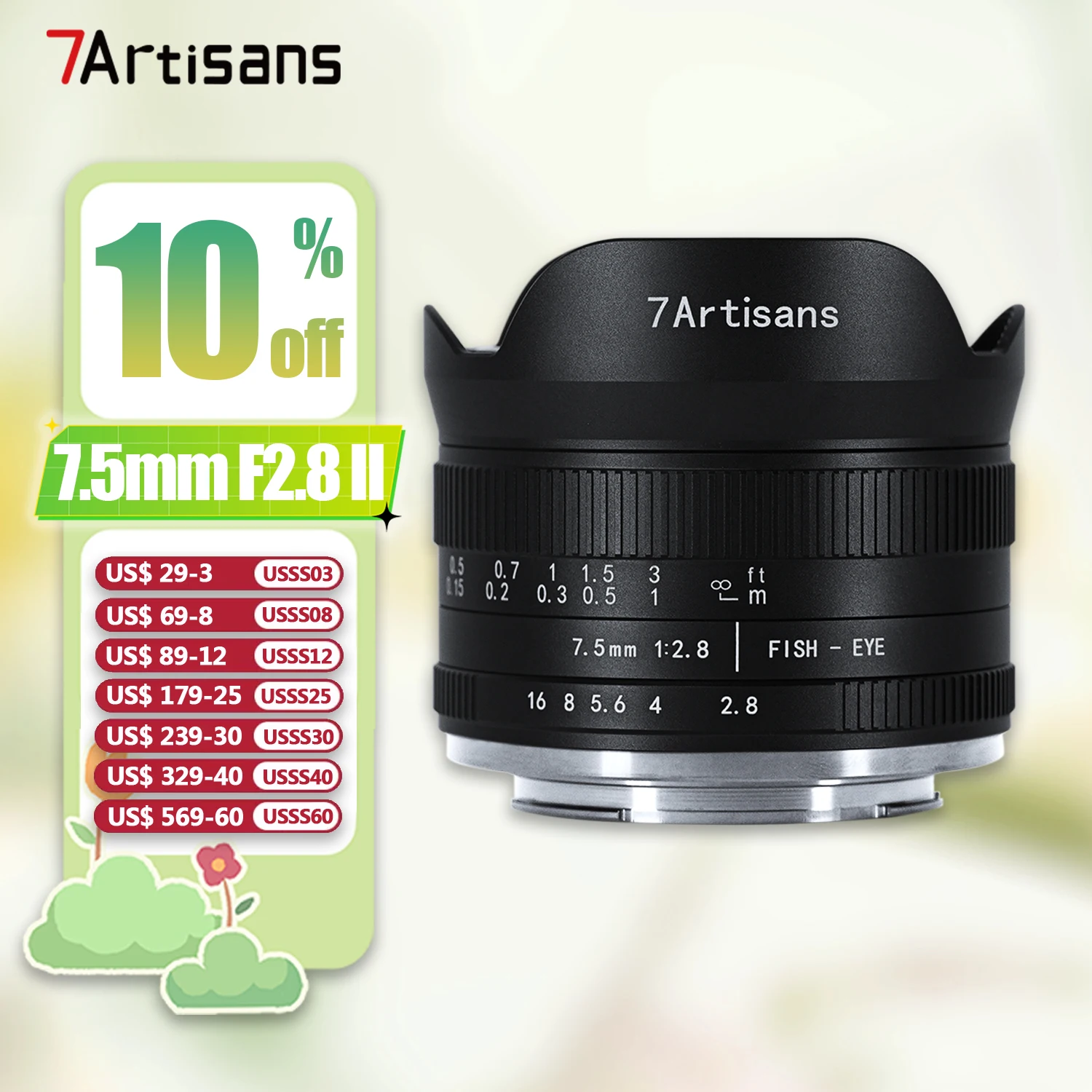 

7artisans APS-C Frame 7.5mm F2.8 II Ultra-wide Angle Fisheye Camera Lens with Sony E Fujifilm XF Canon EOS-M RF M43 Mount