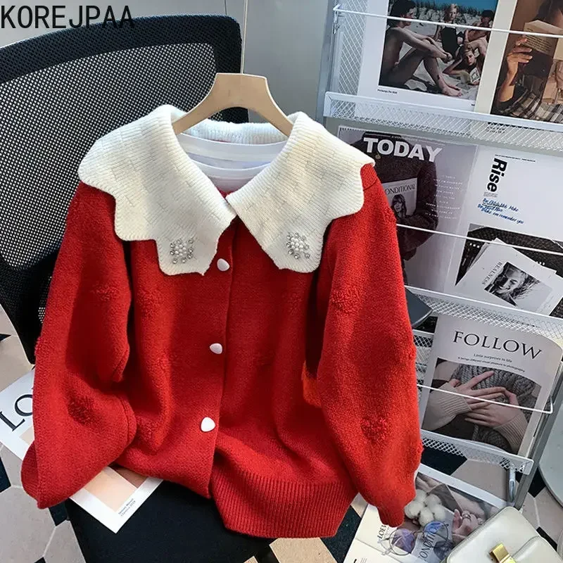 Korejpaa Red White Contrasting Peter Pan Collar Cardigans Women Korean Fashion Knitwear Sweet Sweater Coat Chic Heart Button Top