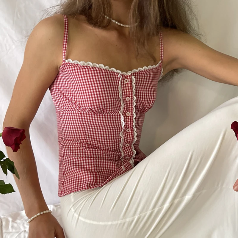 Gingham Print Y2K Coquette Vintage Vest Lace Trimming Button Up Front Camisole Adjustable Straps Sleeveless Slim Fit Crop Tops