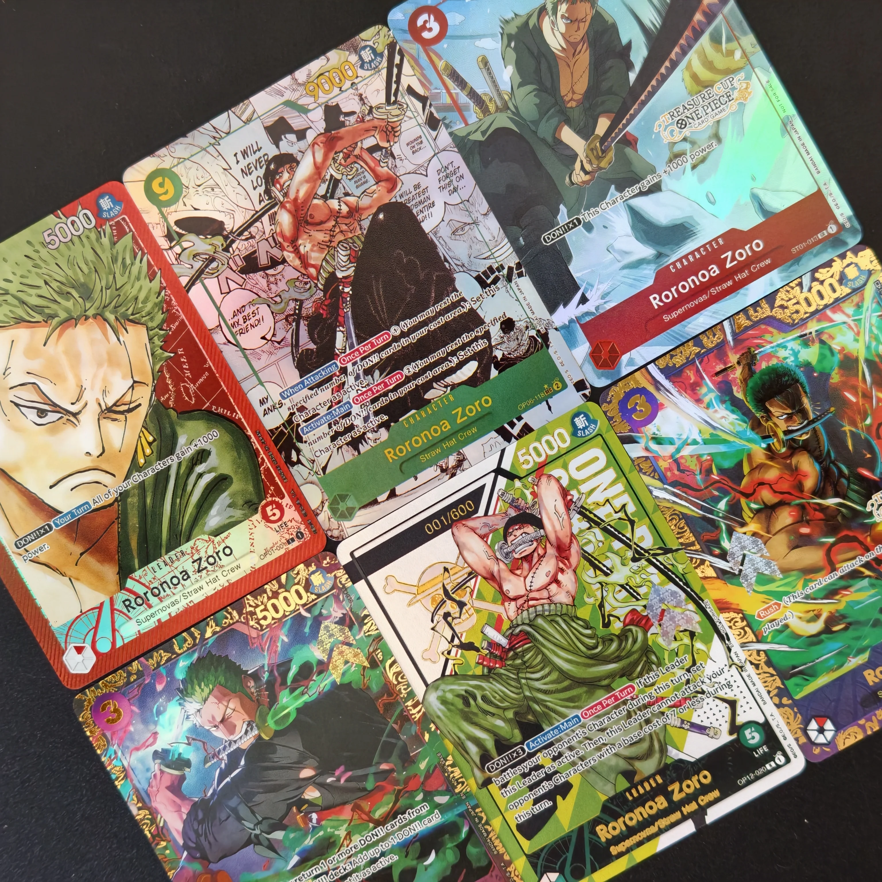 DIY Hot TCG One Piece Straw Hat Crew TREASURE CUP Roronoa Zoro Gold Foil Holo Flash Game Collectible Cards
