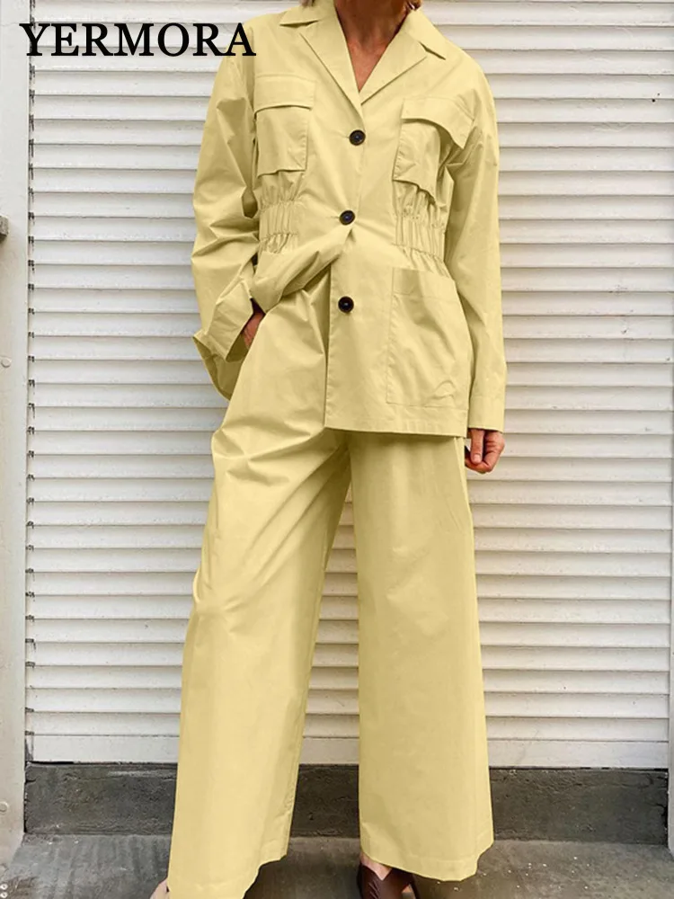 

YERMORA Women Two Pieces Set Yellow Pleated Pocket Casual Blazer Loose Fit New Wide Leg Pants Fashion Tide Spring Autumn 2025