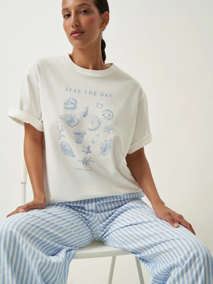 Summer American Retro Y2k Marine Animal Conch Bow Pattern T-shirt Women's Loose Round Neck Street Clothing Half-sleeved Top