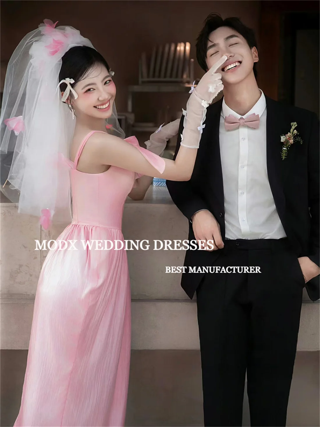 MODX Sweet Pink Evening Dresses Korea Wedding Photo shoot Strap Bowknot Soft Satin Ankle Length Evening Gowns Party Dresss