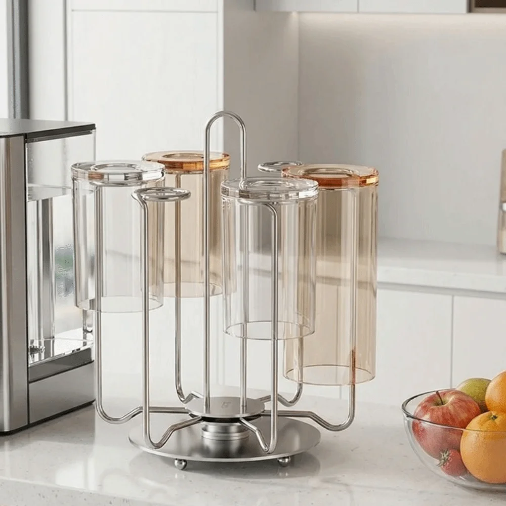

Stainless Steel Rotating Cup Holder Large Capacity Upside-Down Cup Drying Rack Saving Space with Tray Glass Cup Storage Rack