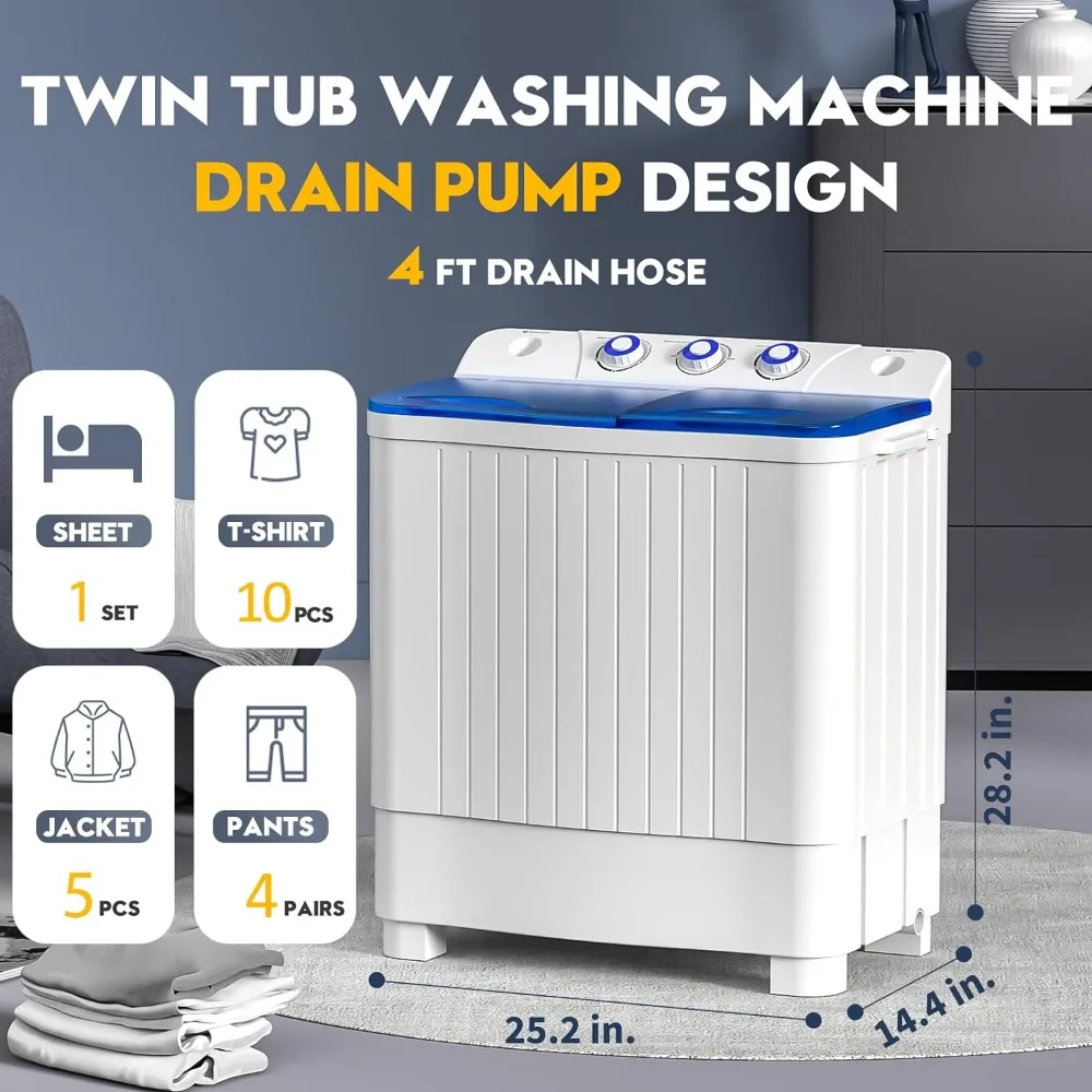 Portable Washing Machine, Twin Tub Washing Machine spinner Combo with 20lbs capacity, 12Lbs Washer and 8Lbs Spinner Dryer