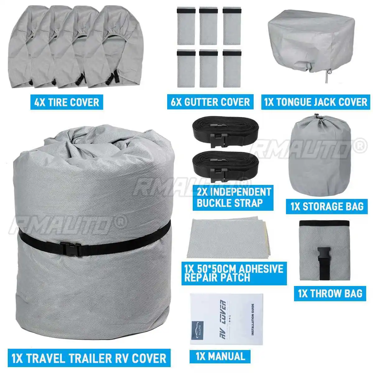 16ft-30ft RV Caravan Cover Kit Camper Shelter Canopy W/Tire & Towing Jack Cover Anti-UV Waterproof Snow Ice Frost Resistant