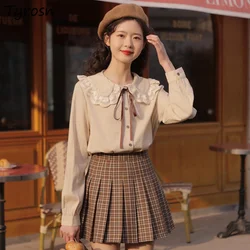 Chiffon Shirts Women Peter Pan Collar Bow Long Sleeve Lovely Japanese Style Sweet Blouses 3XL Solid Fashion Mujer Chic College