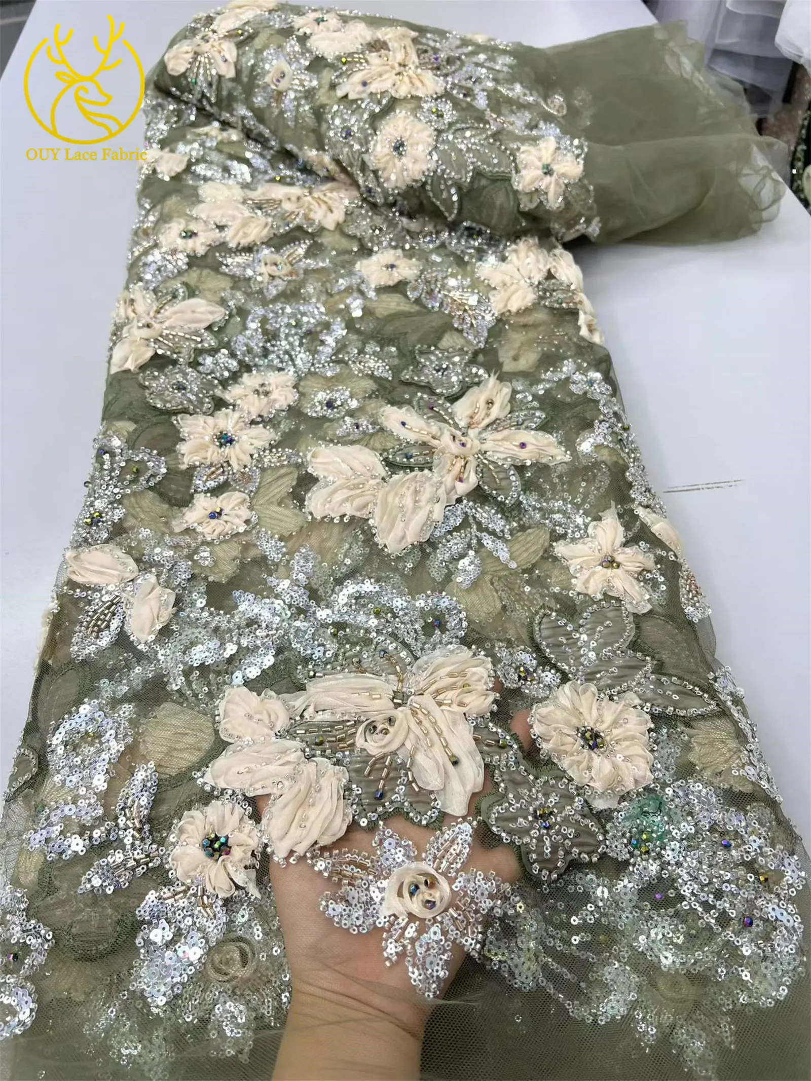 Eleganter 3D-Blumen-Spitzenstoff mit afrikanischen Perlen, französischer nigerianischer Pailletten-Mesh-Tüll-Spitzenstoff für Hochzeits- und Partykleider, Nähen, 5Y – Detail 9