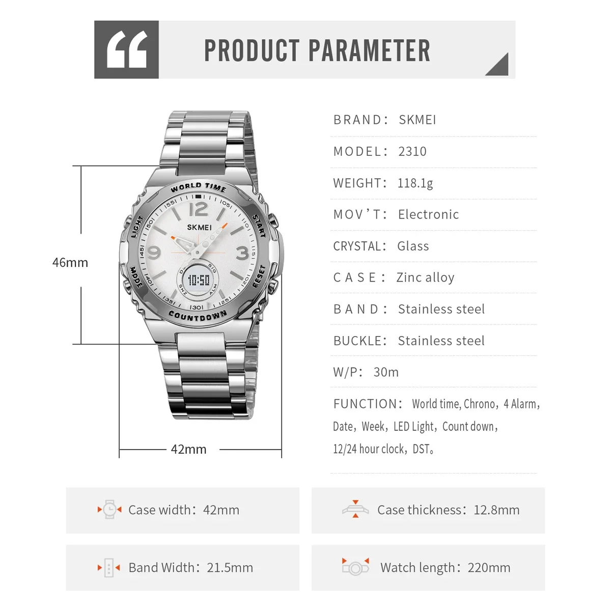 SKMEI 2310, водонепроницаемые электронные часы, мужские цифровые наручные часы из нержавеющей стали, роскошные мужские часы с механизмом, Reloj Hombre