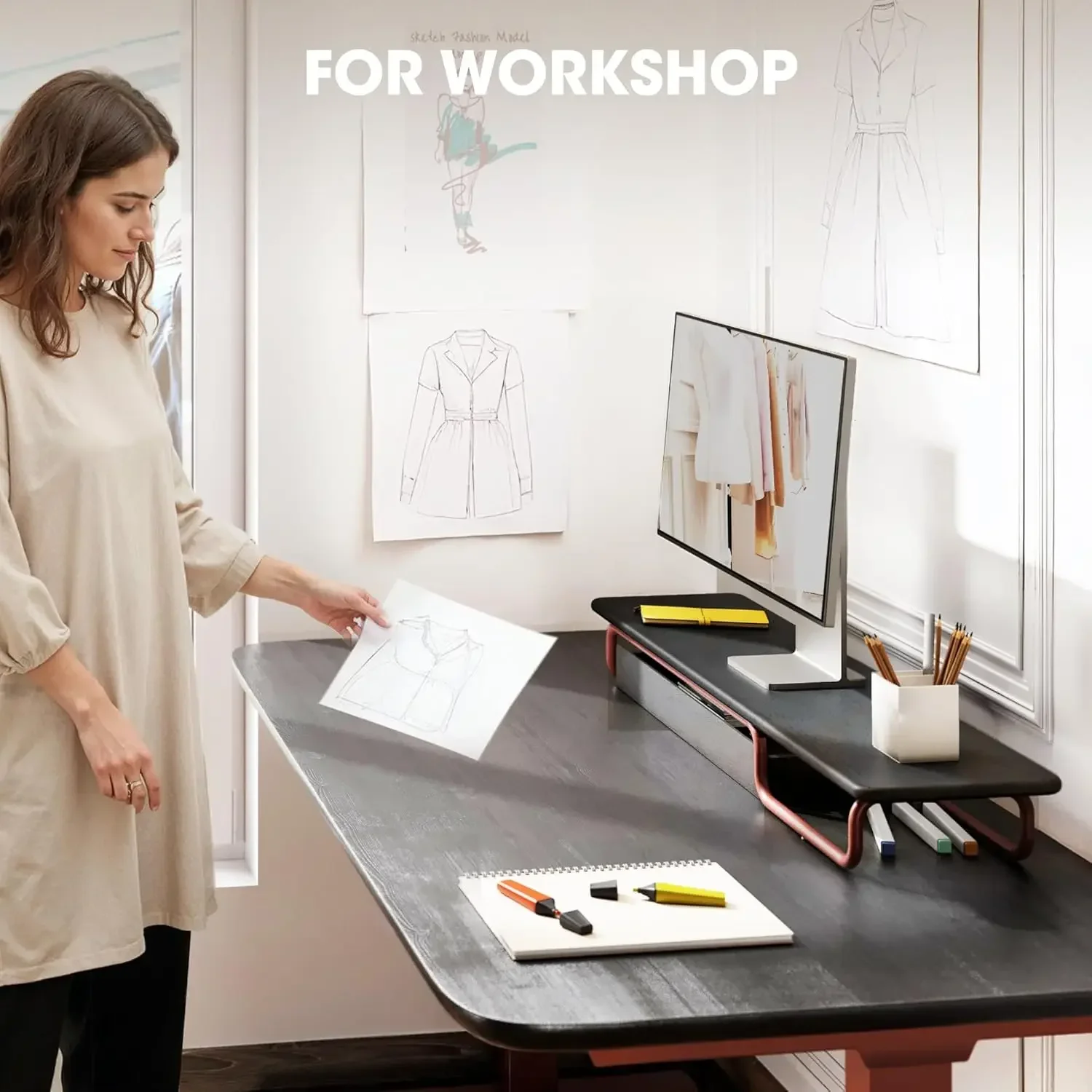Dual Monitor Riser, 37 Inch Monitor Stand for Desk, Solid Wood Desk Shelf with Large Drawer Organizer, No Assembly Computer Stan