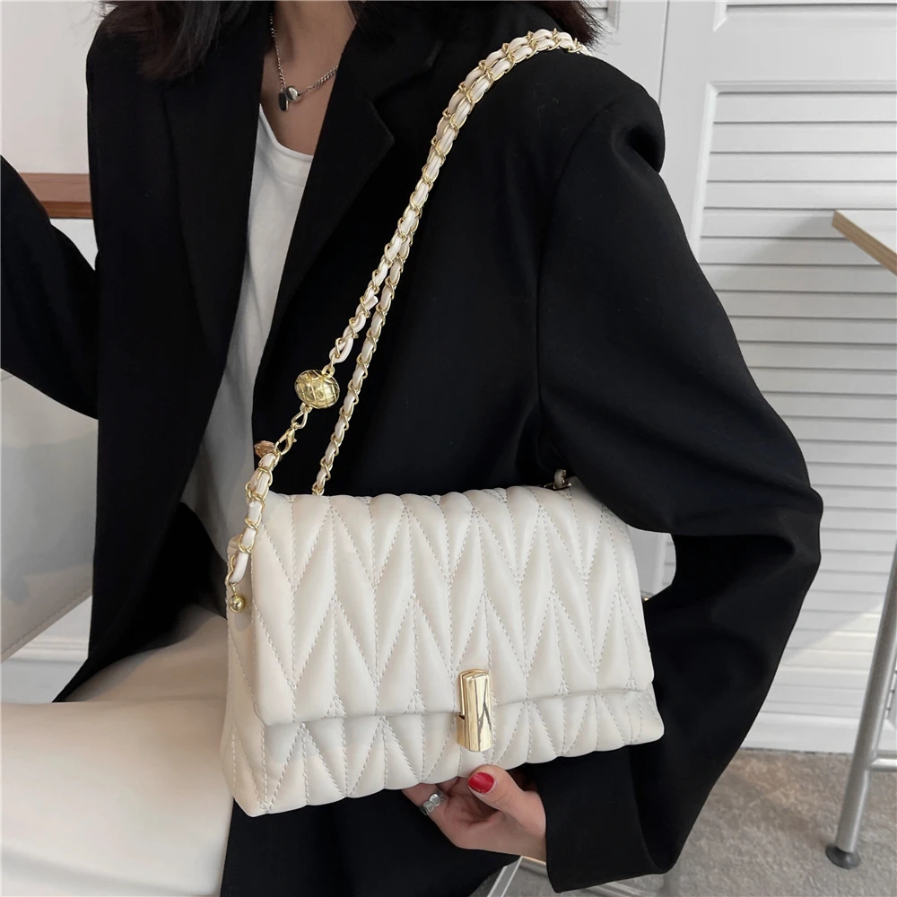 Burminsa Chain Quilted Shoulder Side Bags For Women 2024 Trend PU Leather Flap Crossbody Bag Square Ladies Handbags Brown Beige