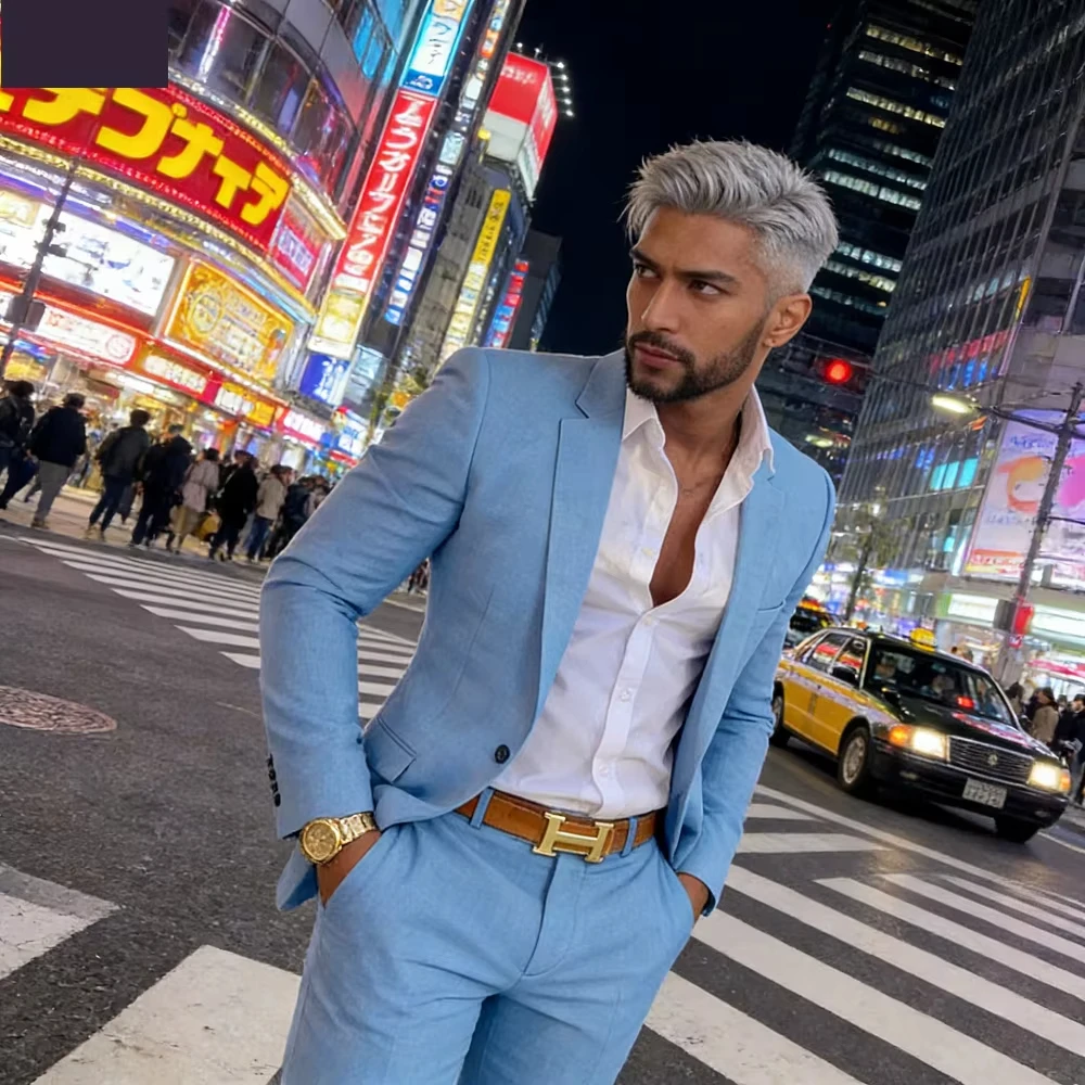 

Men's Casual Tailored Peaked Lapel Blue 2-Piece Set Jacket And Pants Designer Business Wear Evening Party