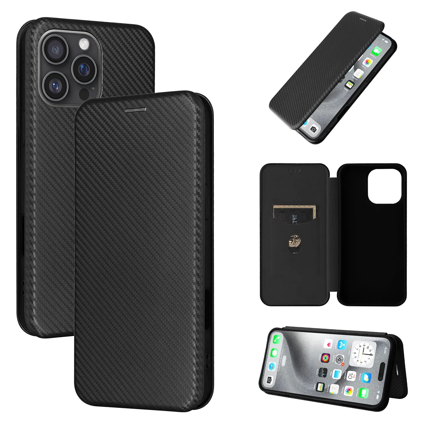 

Magnetic Wallet Card Slot Carbon Fibre Flip Stand Leather Case for IPhone 16 Pro Max 15 14 13 12 11 Plus Mini Shockproof Cover