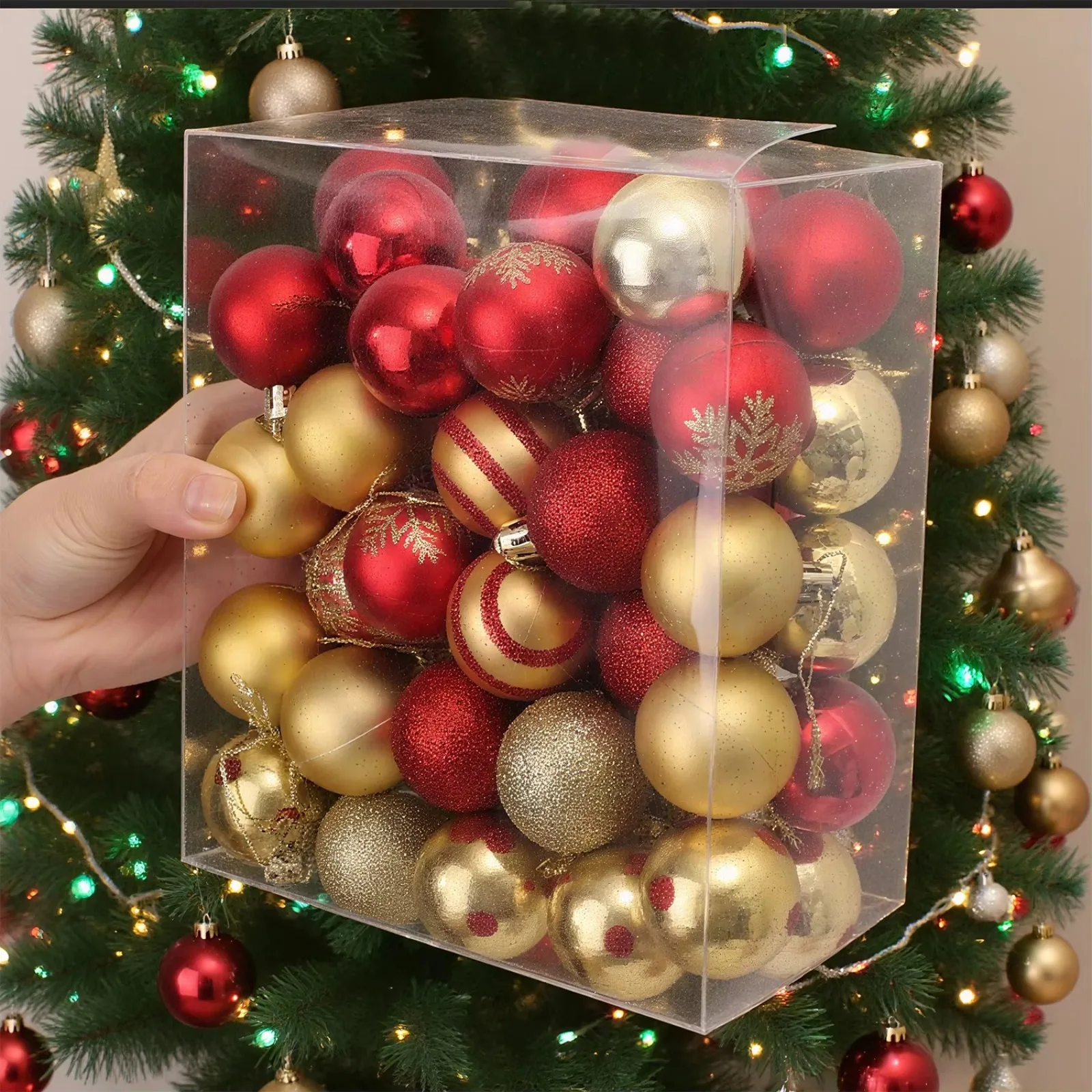 50pcs Christmas Tree Ornament Red Gold Snowflake Balls Shatterproof Plastic Hanging Baubles for Holiday Home Party Decor DIY Set