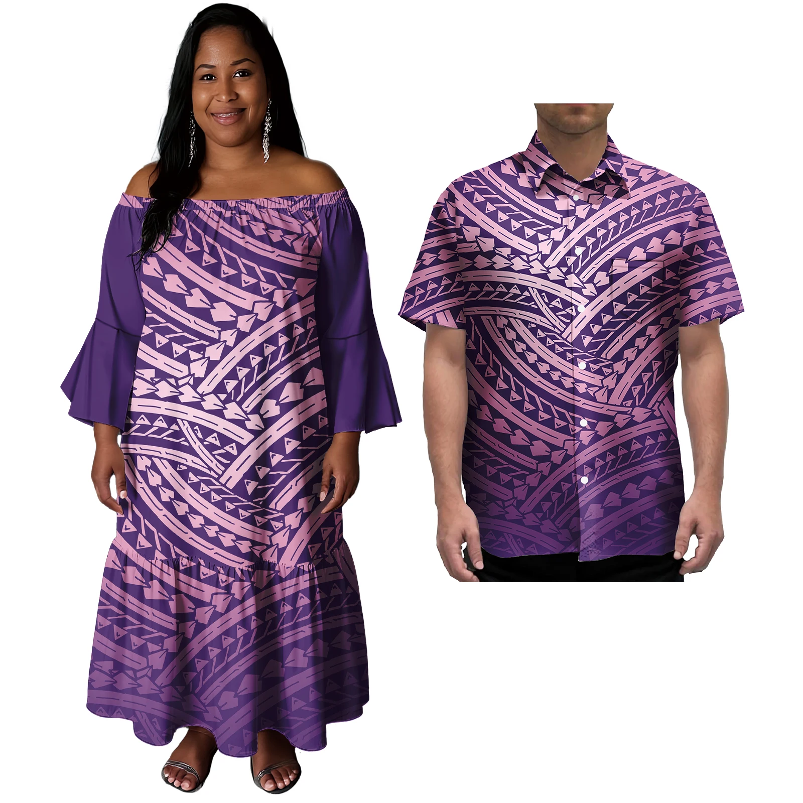 เกาะคู่เสื้อผ้า 2 ชิ้น Custom ซามัวตองกา Polynesian Tribal ผู้หญิงปิดไหล่ Mermaid Prom Dresses Match Aloha ชายเสื้อ