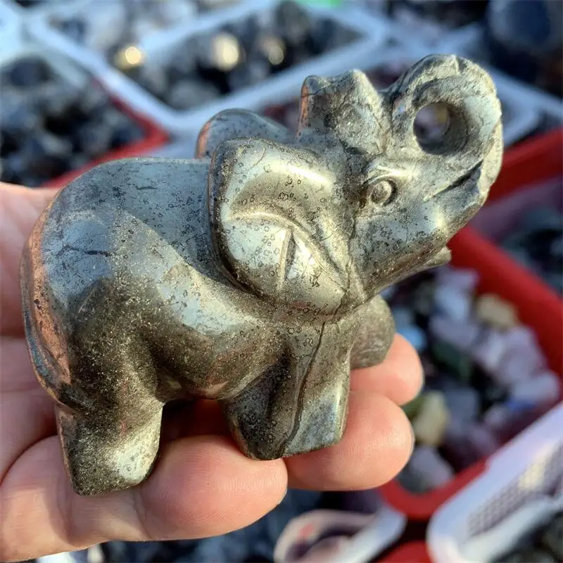 Natural Pyrite Elephant Statues Crystal Animal, Cute Carving Figurine, Natural, Christmas Gift, 1Pc