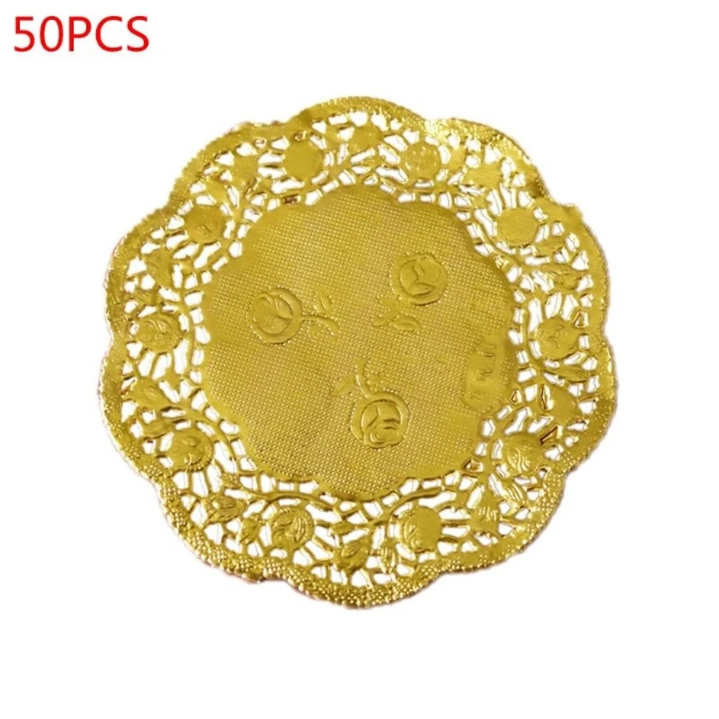 50Pcs/Set 3.5 Inch Hollow Floral Embossed Round Lace Paper Doilies Wedding Party DIY Tableware Metallic Gold Placemat