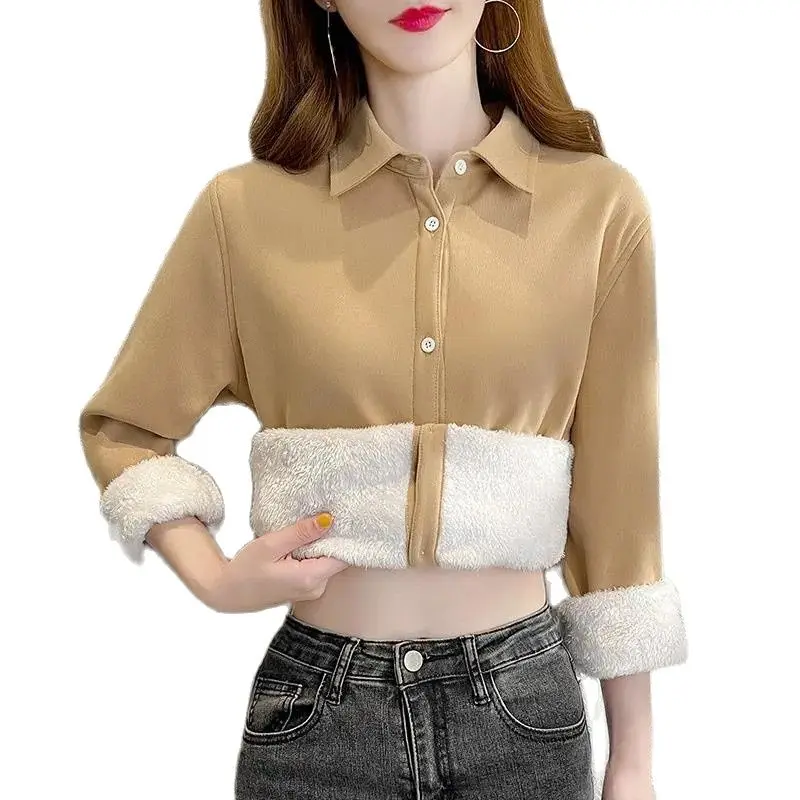 Fashion Add Velvet Corduroy Shirt Women's Blouse  2022 Autumn Winter New Thicken Warm Bottoming Shirt Casual Shirt Jacket Female