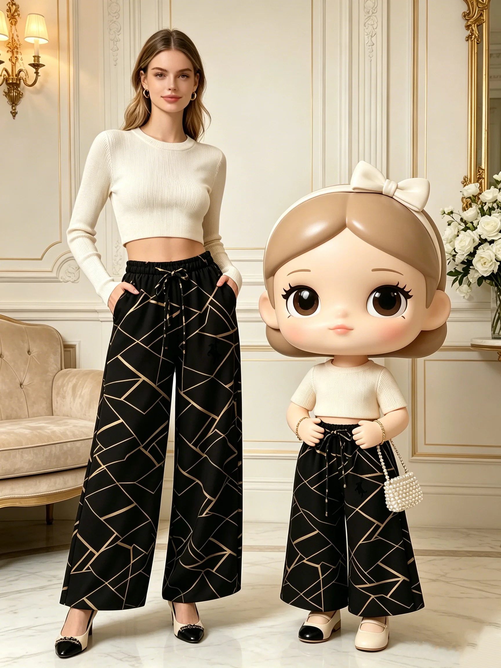 Women's Geometric Pattern Color Block Pants Casual Comfort Waist Cinching Strap Design Fashionable Trousers