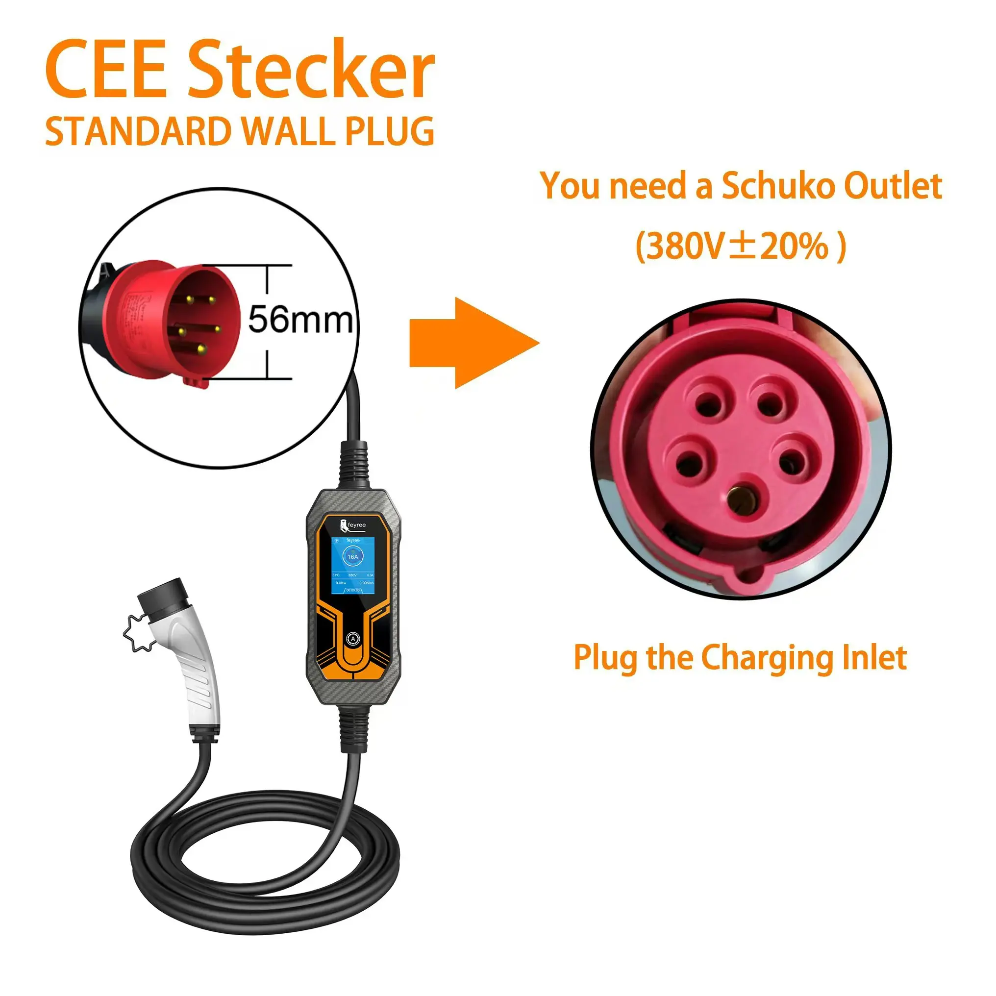 Feyree 11KW 16A EV Charger แบบพกพา Type2 EVSE กล่องชาร์จไฟฟ้ารถ Charger CEE ปลั๊ก IEC62196-2 ไฟฟ้า Charger