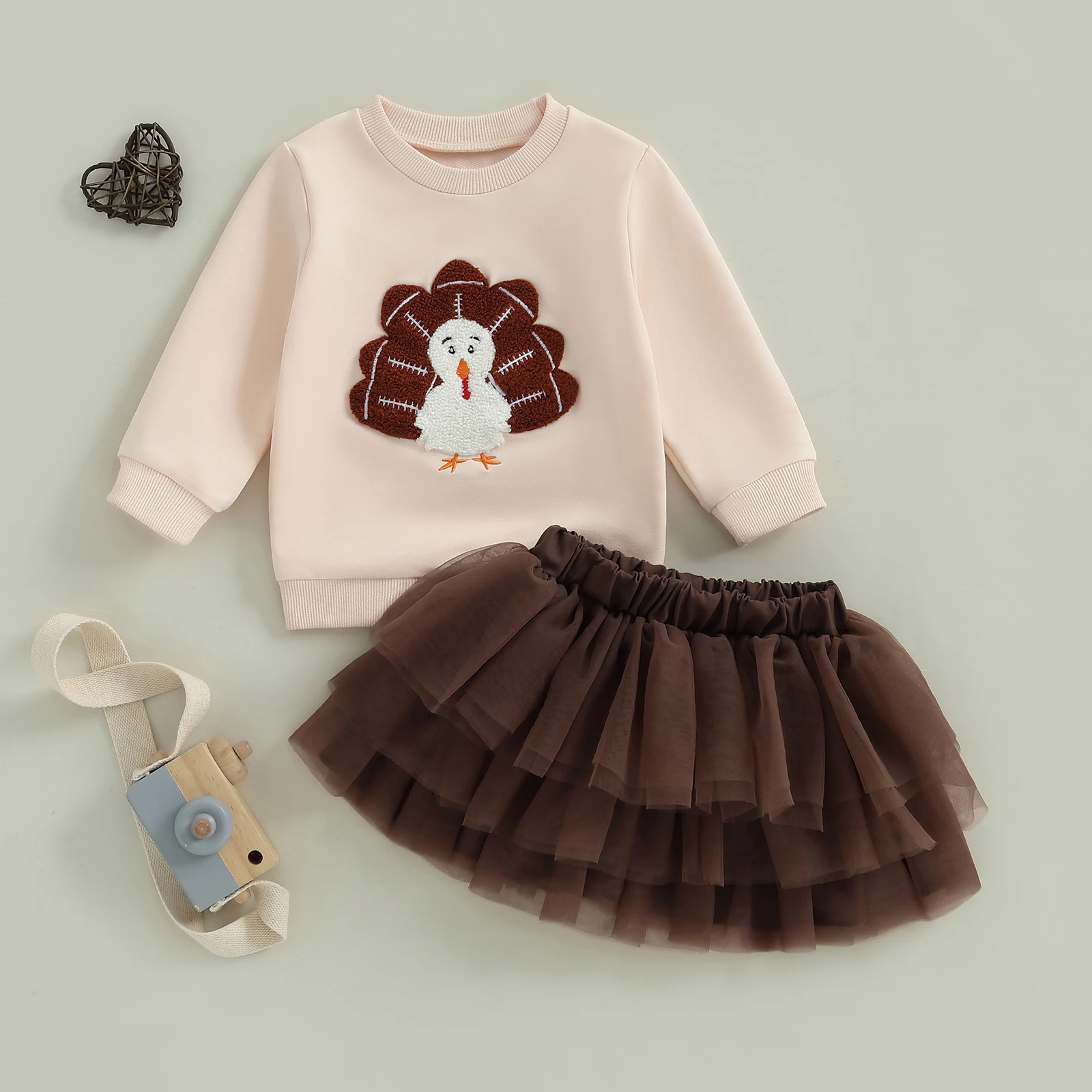

Toddler Baby Girl Thanksgiving Outfit Football Turkey Embroidery Sweatshirt with Tulle Mini A Line Skirt 2Pcs Set