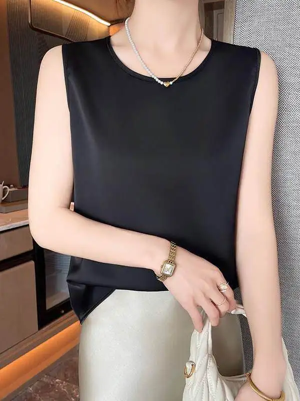 New Acetate Satin  Color Silk Simulation Strap Vest Women round Neck Sleeveless Loose Large Size Suit Inner Wear