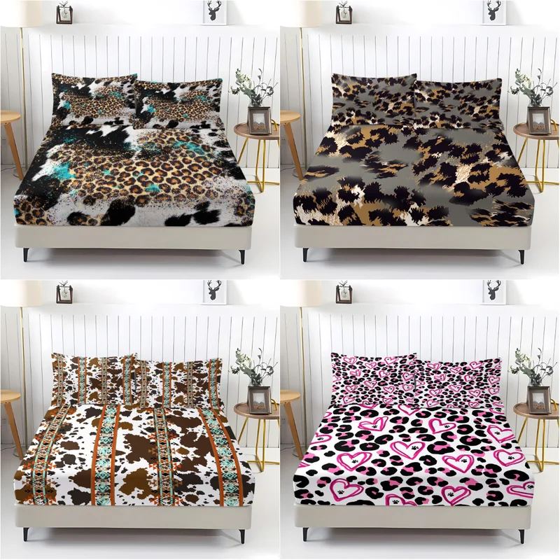 Leopard Print Fitted Sheet Set 1 Fitted Sheet 2 Pillowcases Soft Microfiber Bedding Set for Bedroom Guest Room All Season