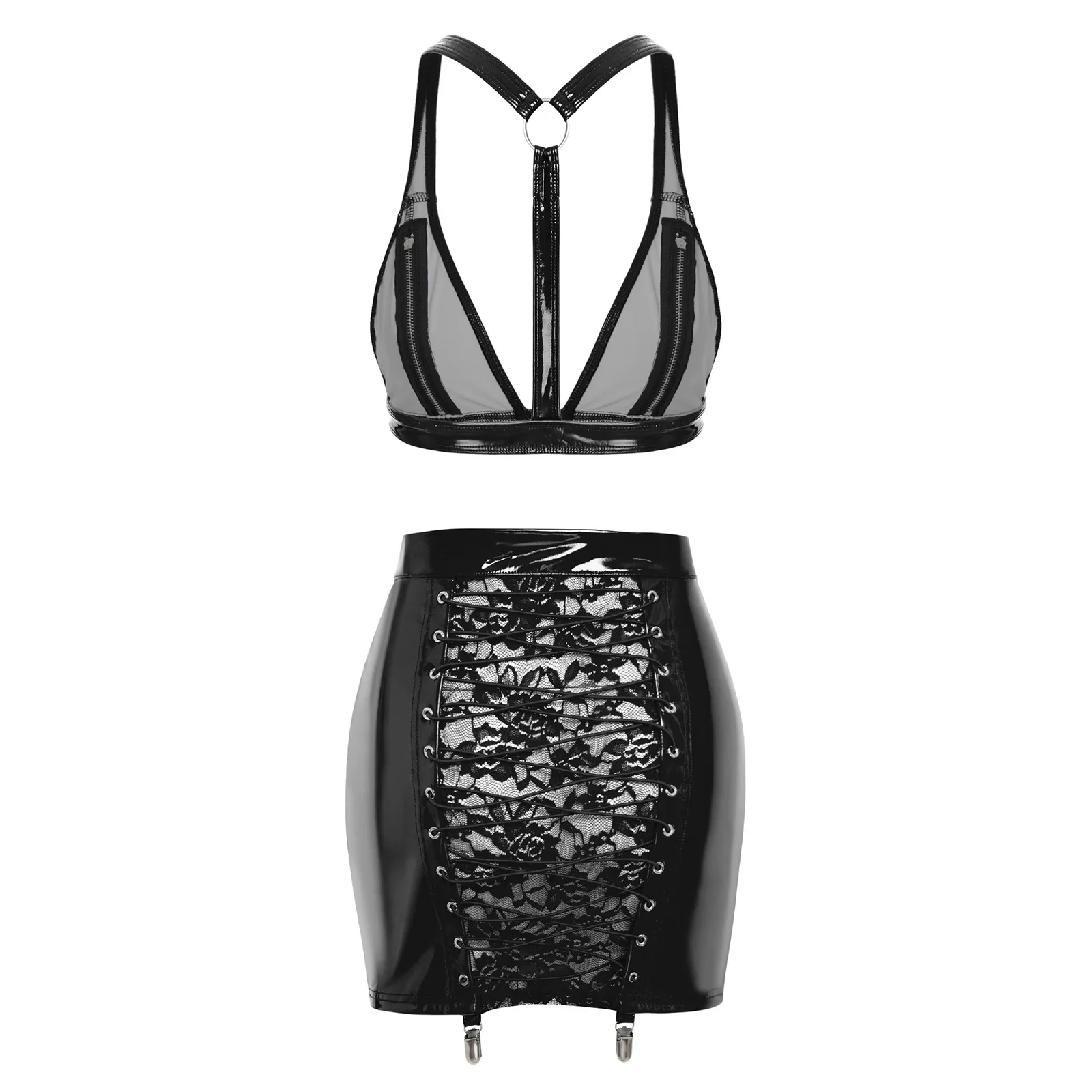 Womens Wet Look PU Leather Outfit Zipper Cup Y-back Bra Top And Floral Lace Bodycon Miniskirt Streetwear 2-piece Set Clubwear