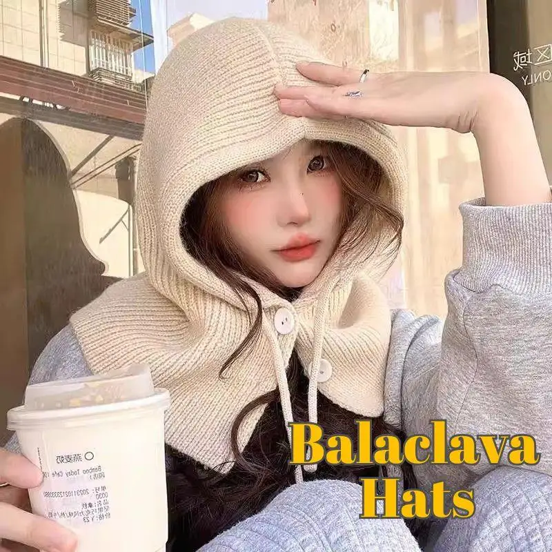 Hot Girl Luxurious Design Knitted Balaclava Fashion Fake Collar Shawl Hooded Hat Thick Warm Beanines Winter Girl's Hats