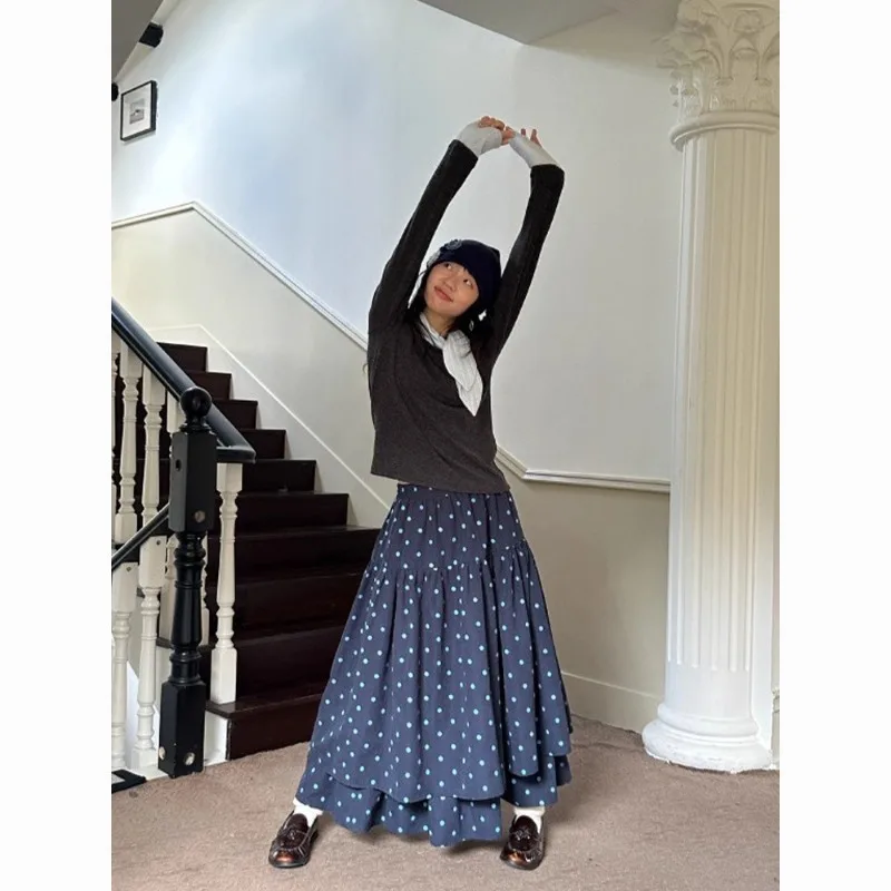 Layered Tiered Polka Dot Maxi Skirt Women Loose Double Layer Swing Long Skirt