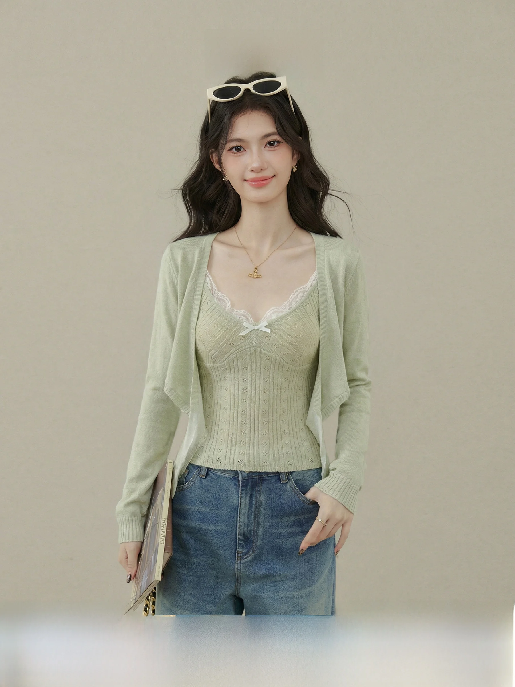 

Весенний стильный вязаный свитер для женщин с V-образным вырезом, длинными рукавами и узлом, комплект из топа и юбки, облегающий кардиган.