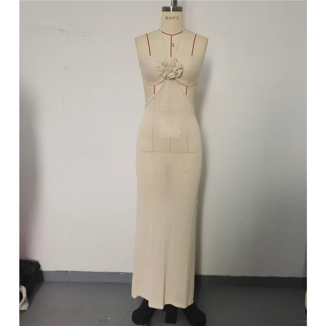 3D-Blumen-Halterneck-Strickkleid mit offenem Rücken, Strandkleid, Strandmode, Strandüberwurf, Damen V6852 – Detail 10