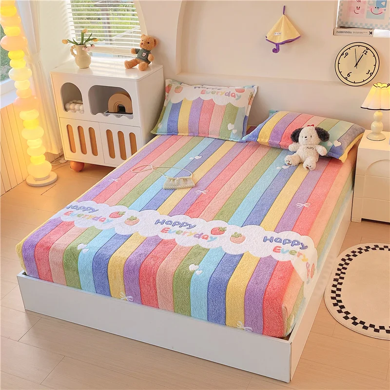 

1PC Rainbow Striped "Happy Everyday" Pattern Plush Fitted Sheet, Colorful Fruit & Heart Flannel Bedding for Bedroom Decor