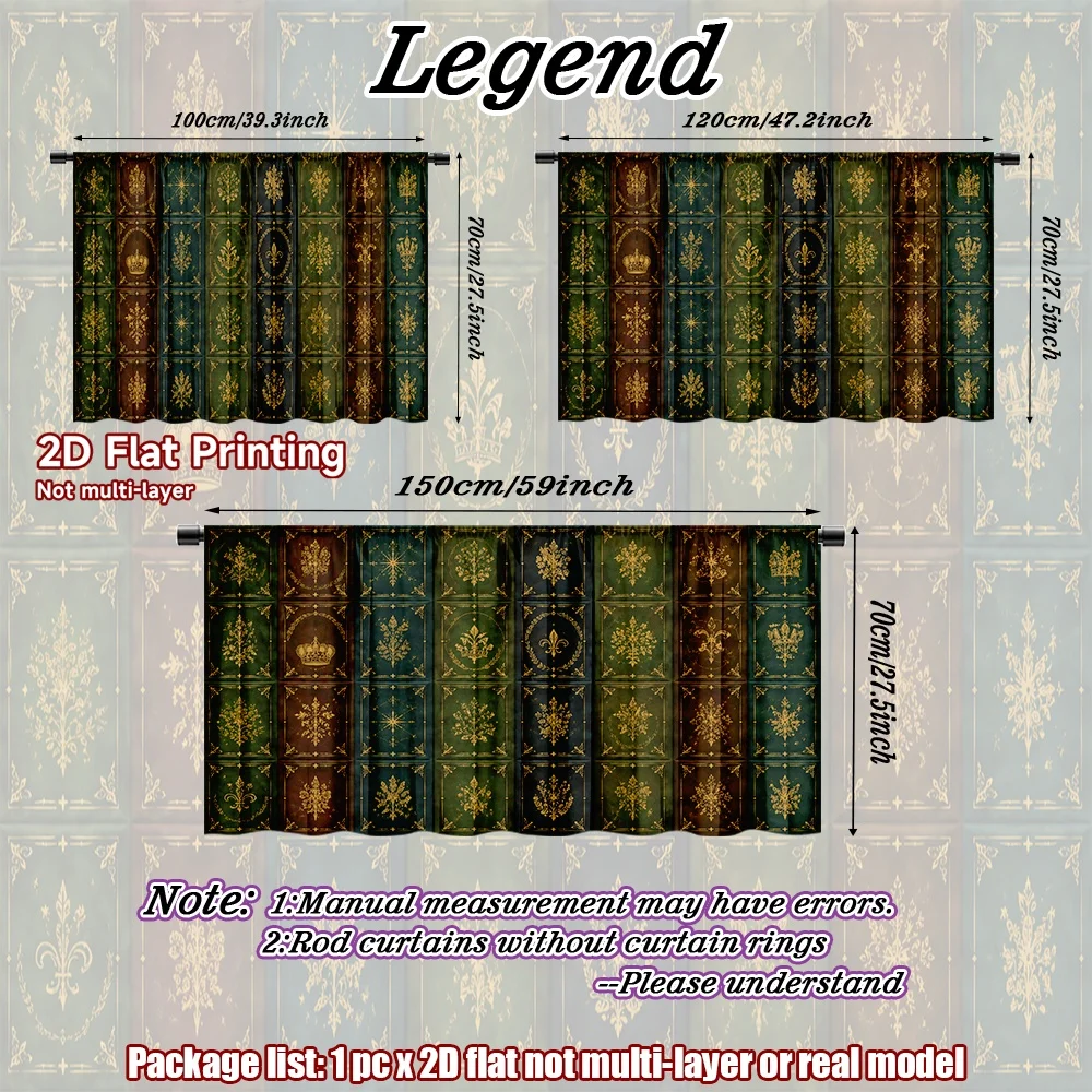 2D flat 1pc Bohemian style short curtains Vintage Book Spines Digital printing Suitable for cabinets, cafes, balcony bay