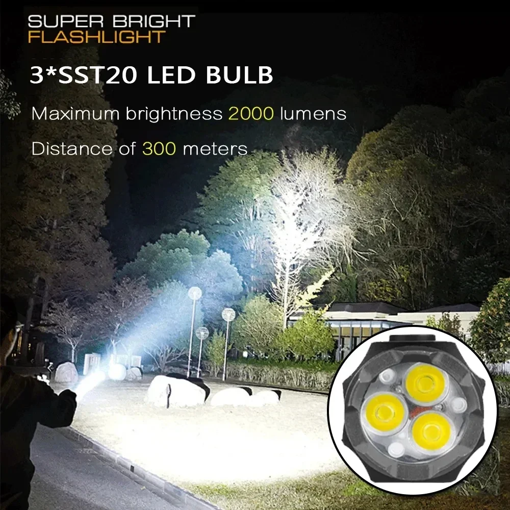 Alta Qualidade Lanterna LED Recarregável, Super Bright Torch, USB Light, à prova d'água com Cap Clip, Fit para Caminhadas e Camping, 3 * SST20, 18350