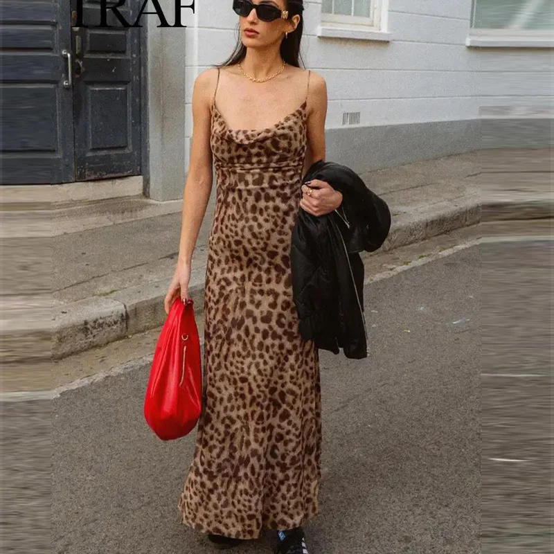 TRAF Leopard Print Long Dresses Sleeveless Slip Tulle Dress Woman Vintage Backless Party Dresses Summer Sexy Mesh Midi Dress