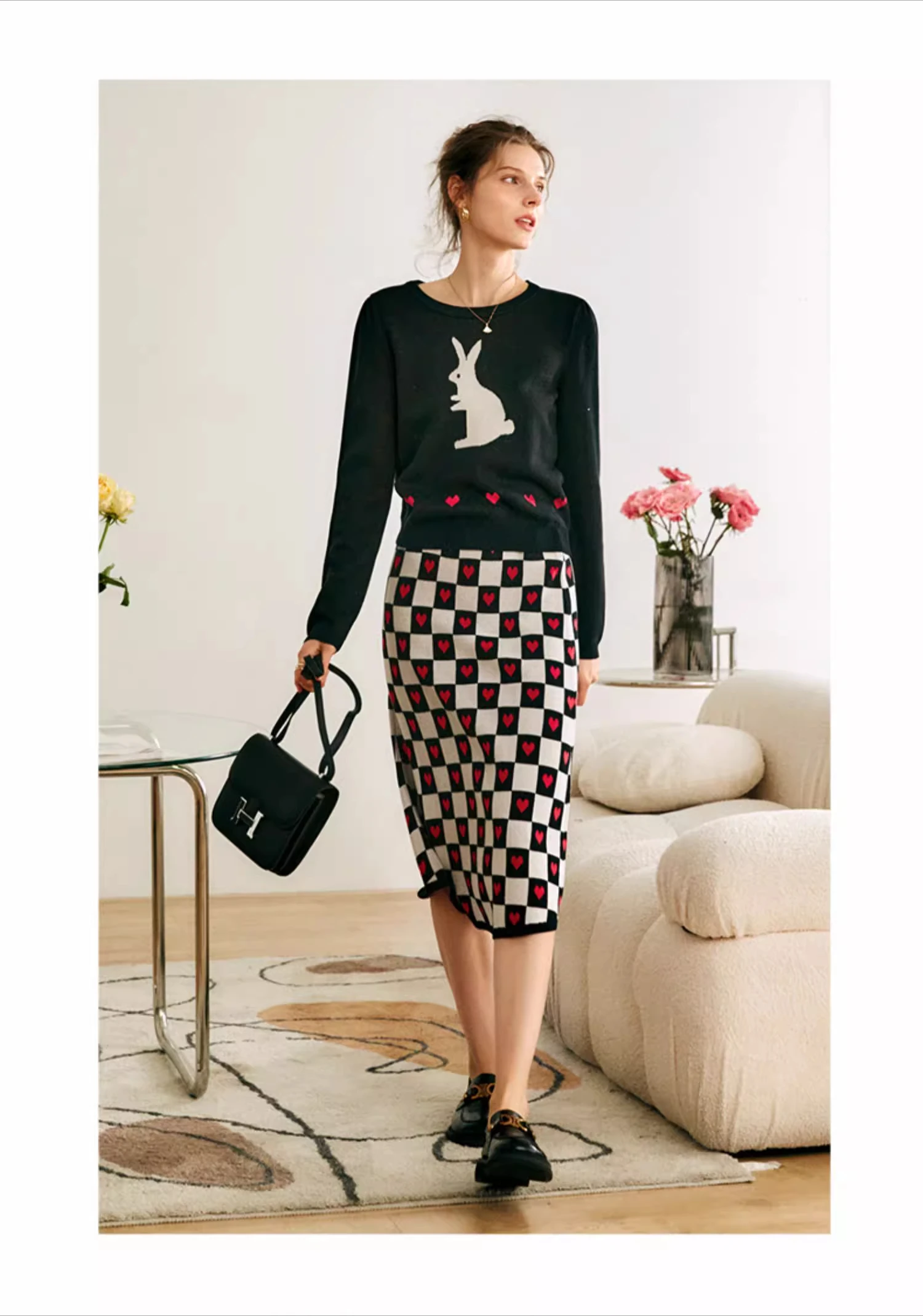 OLrain Checkerboard Print Skirt Women 2025 Spring Summer Cotton Knitted Jacquard High-waist Fashion Long Skirts O22CB00025
